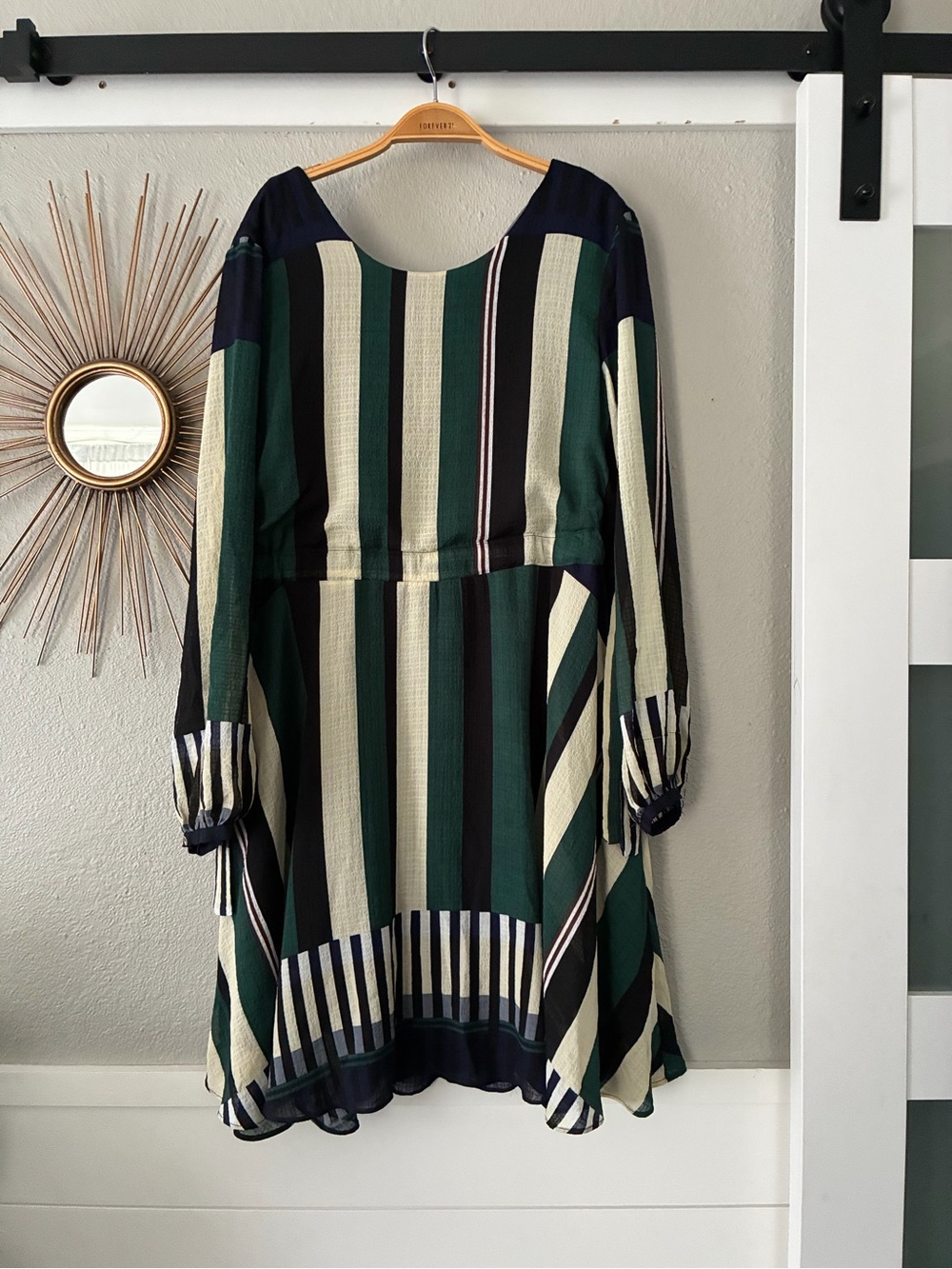 Sunday in Brooklyn Green, Navy, and Cream Striped Long-Sleeve Dress